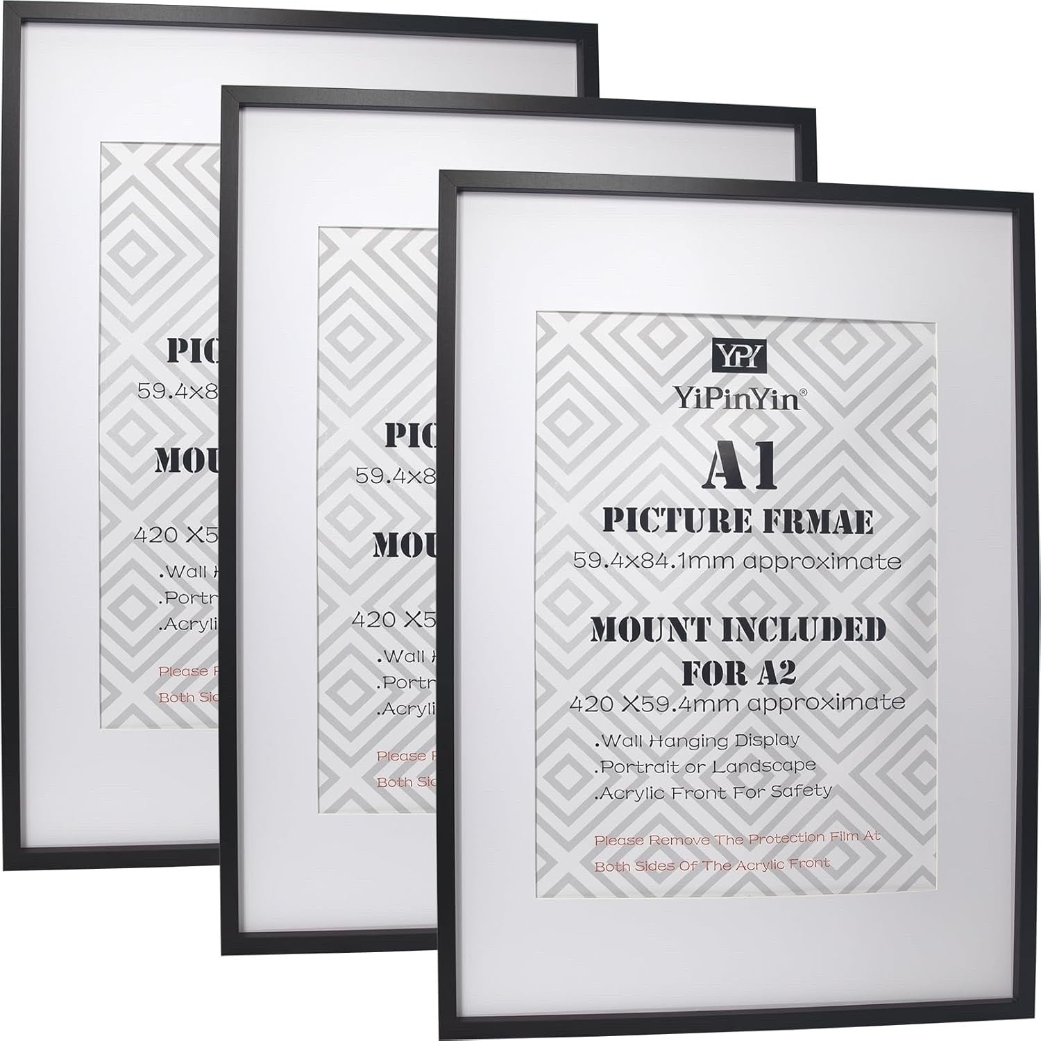 Black A1 Picture Frame Set of 3 with Mount for A2 Poster Gallery Photo Frames