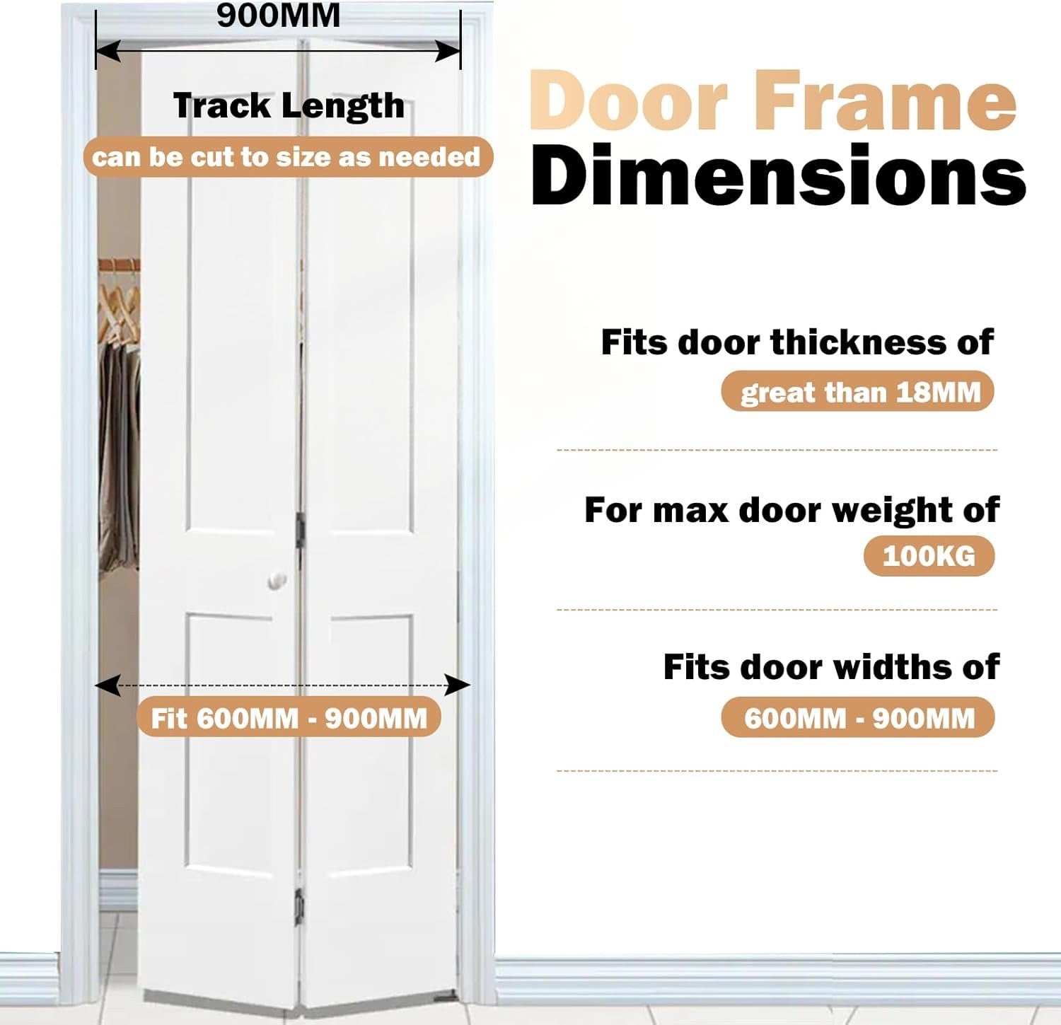 Bifold Door Hardware Kit 900mm Track 2 Panel Folding Closet Heavy Duty Indoor