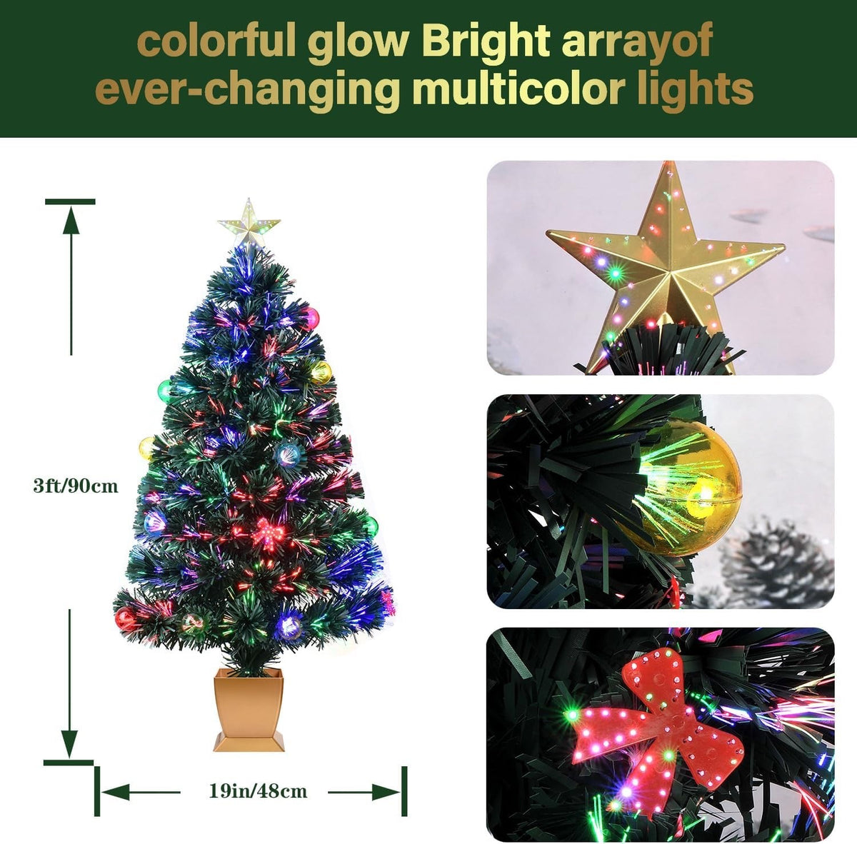 3FT Fiber Optic Christmas Tree Mini Prelit Tabletop Tree LED Star Decor Green