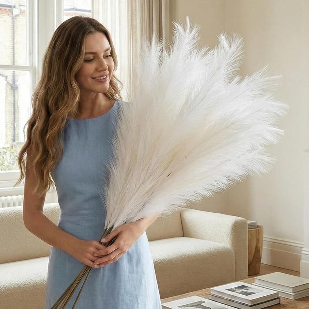 Artificial Pampas Grass 3 Stems 116cm White Large Faux Flowers Tall Vase Decor