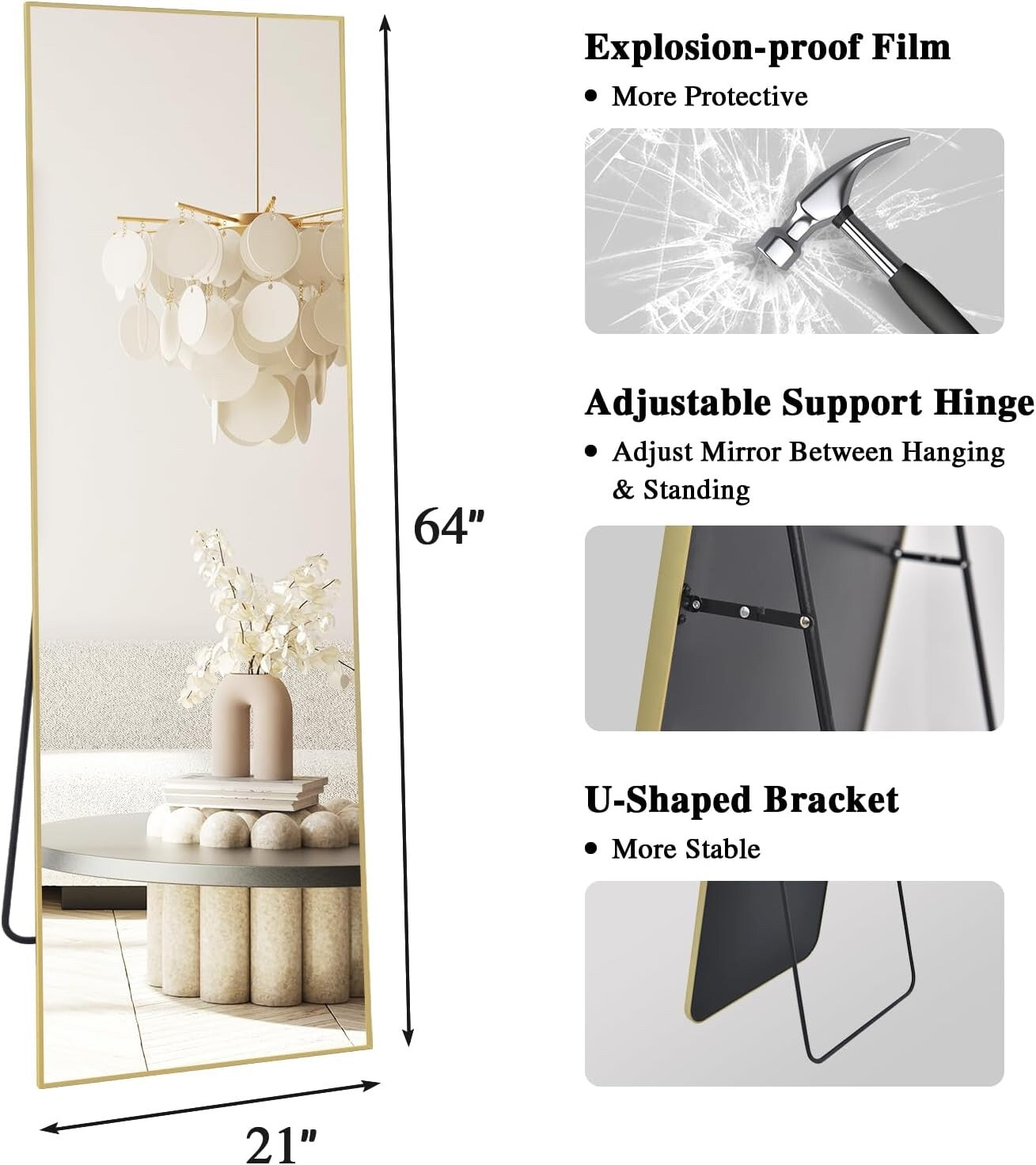 LunaMirror Full Length Mirrors Free Standing Floor Mirror Full Body 161x52cm