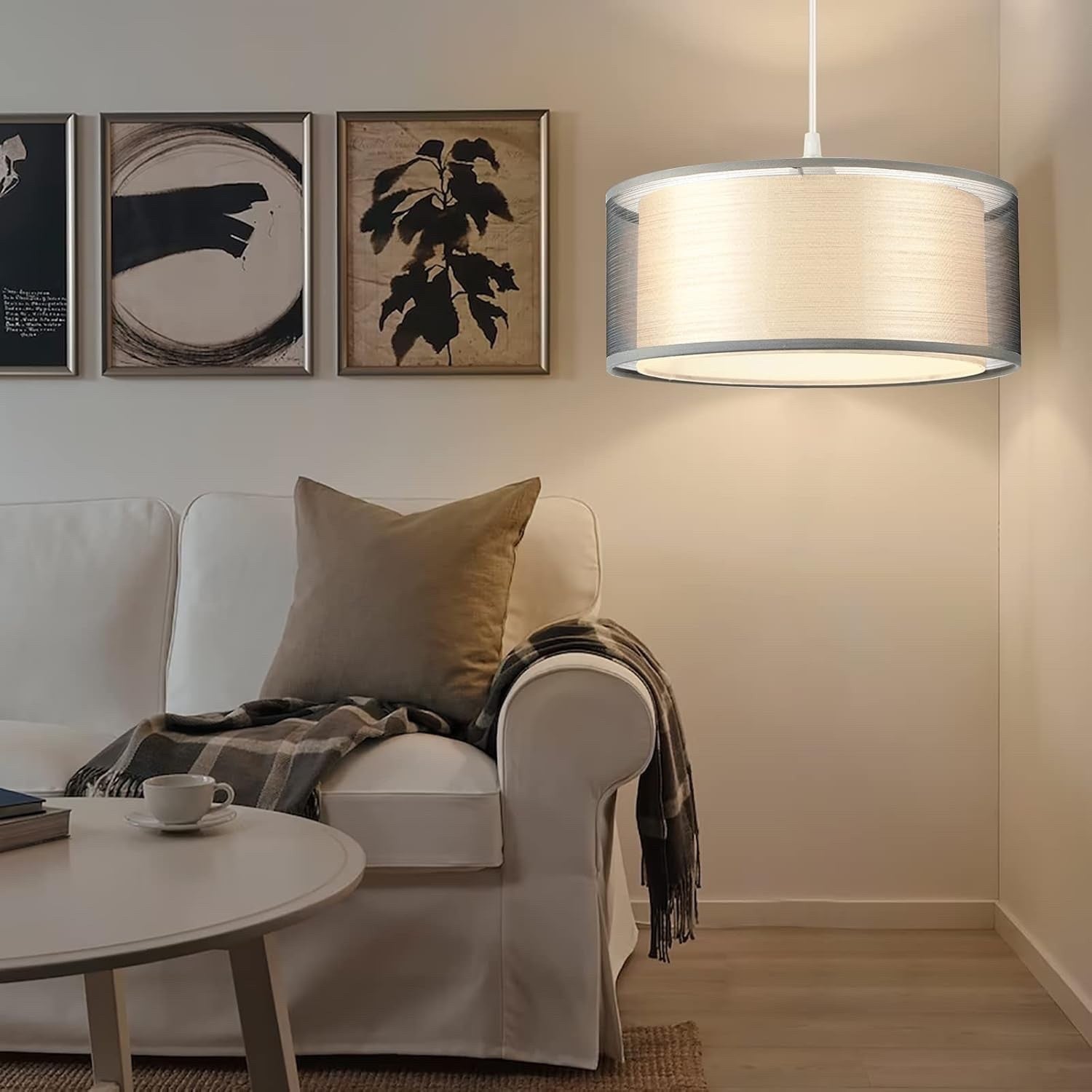 Modern Grey Ceiling Light Shade 2 Tier Drum Fabric Lampshade 30cm