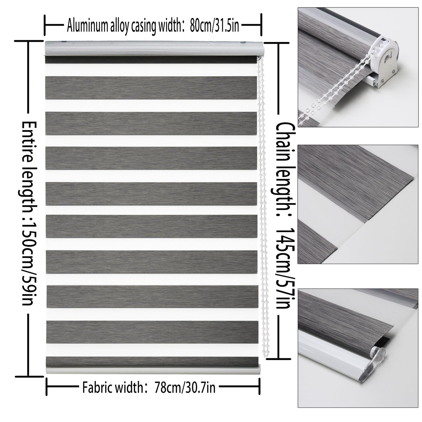 QiBoYuYe Day & Night Zebra Blind 80x150cm Blackout Window Curtain Grey