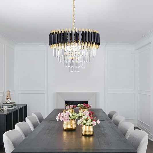 Crystal Chandelier Ceiling Light 20 Inch Black Gold 4 Tier Adjustable Pendant