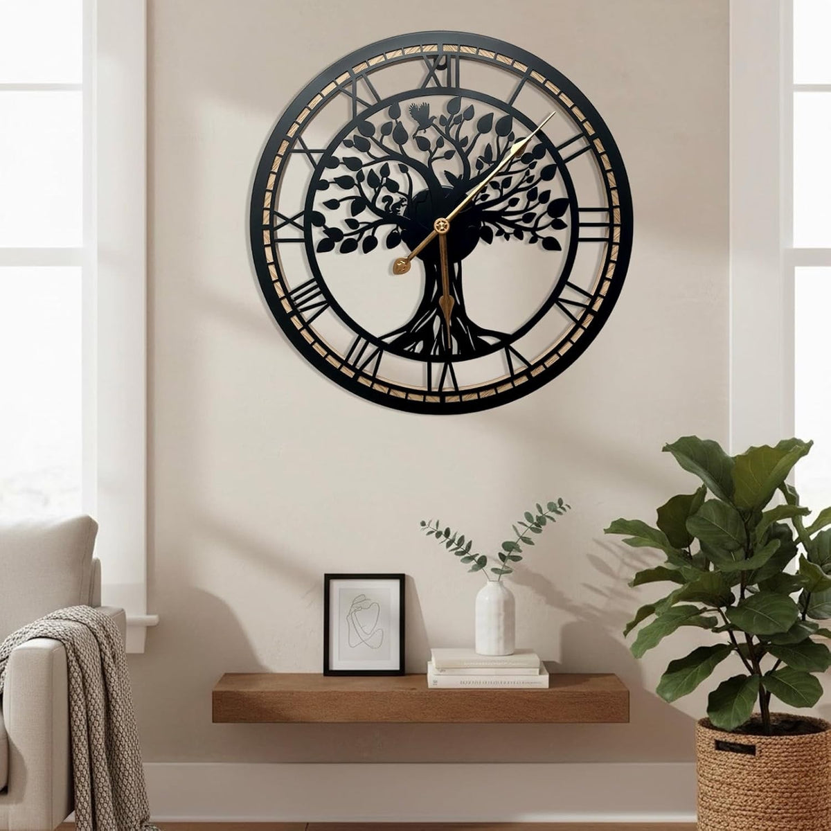 Tree of Life Wall Clock 40cm Large Black Metal Silent Non Ticking Quartz Home