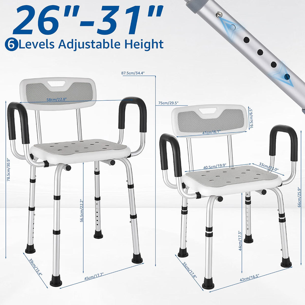 Shower Chair Shower Seat Padded Arms Back Extra Wide 330lb 6 Height Grey NonSlip