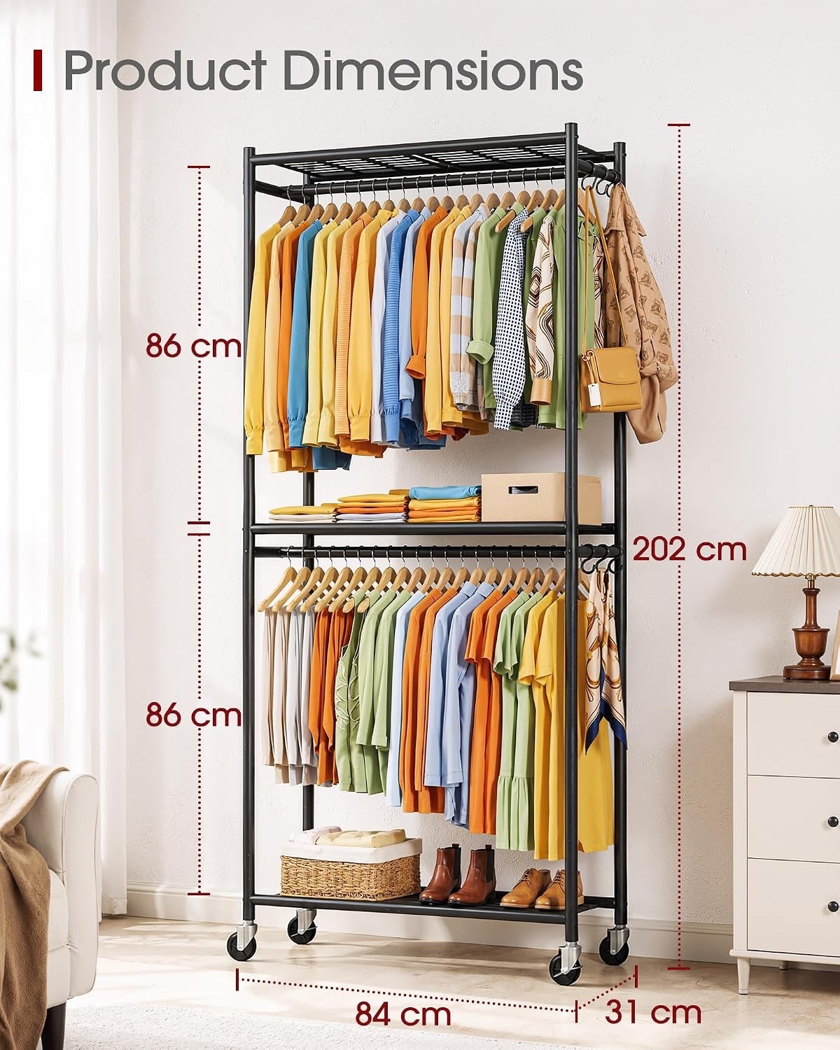 Heavy Duty Clothes Rail Metal Garment Rack Wheels Shelves 84x31x202cm Black