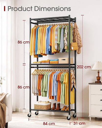 Heavy Duty Clothes Rail Metal Garment Rack Wheels Shelves 84x31x202cm Black
