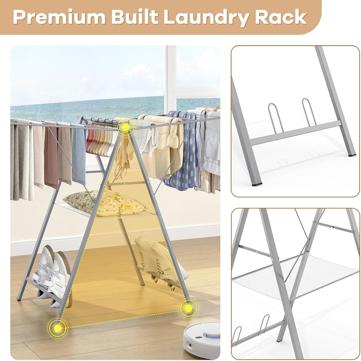 Clothes Airer Drying Rack Foldable Height Adjustable Laundry Indoor Outdoor Grey
