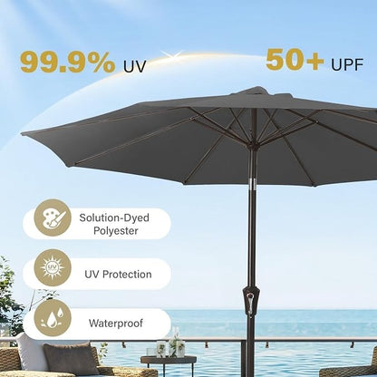 Garden Parasol 2.7m Grey Patio Umbrella UPF50+ Tilt Steel 8 Rib UV Sun Shade