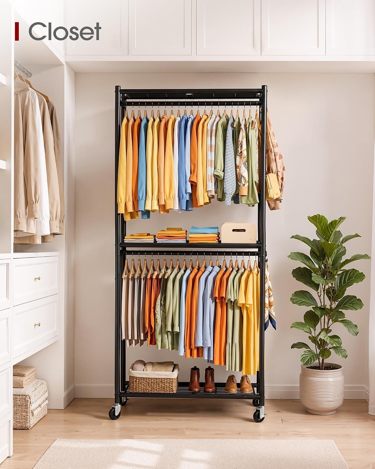 Heavy Duty Clothes Rail Metal Garment Rack Wheels Shelves 84x31x202cm Black