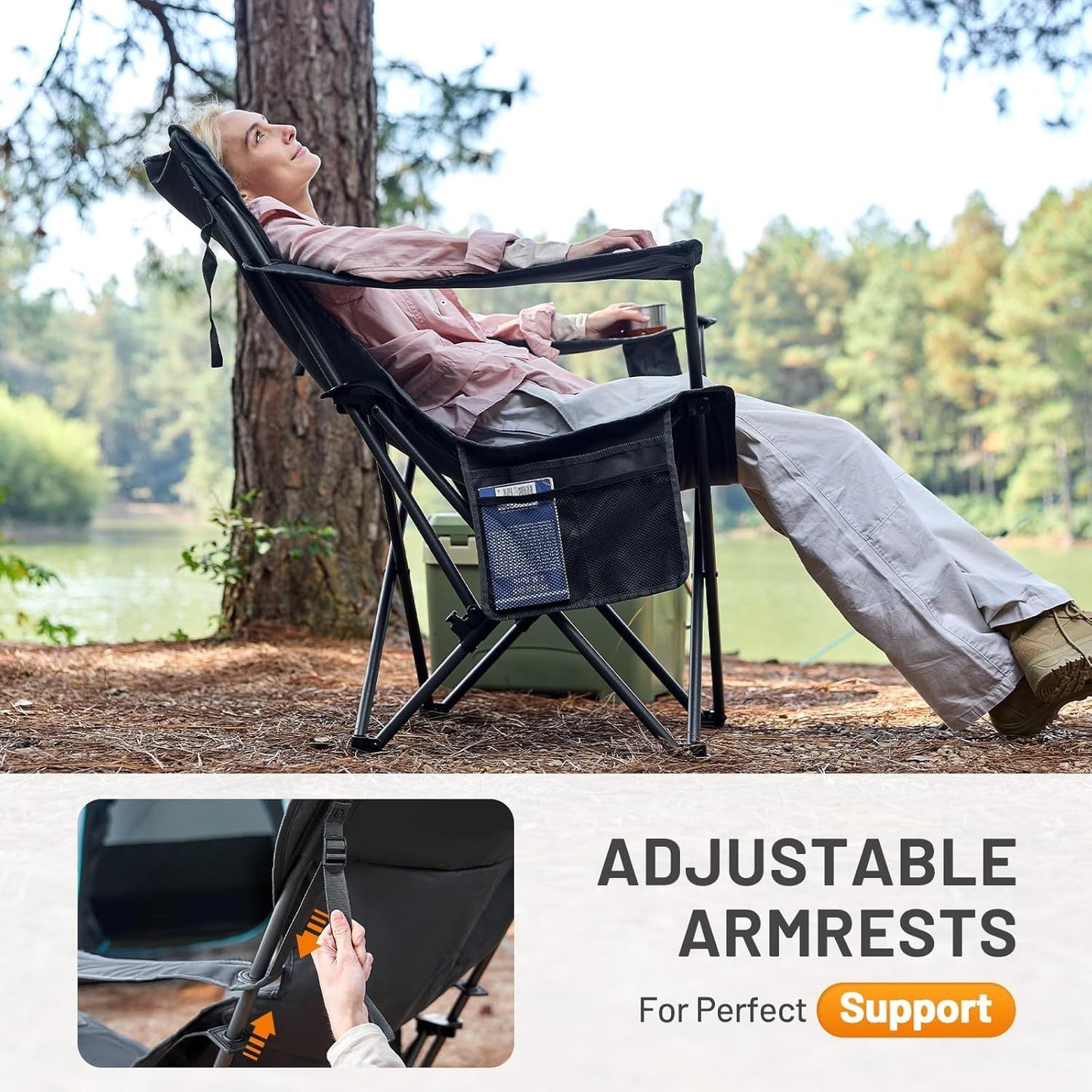 Folding Camping Chair Recliner 150kg Extra Wide 3 Position Cup Holder Black