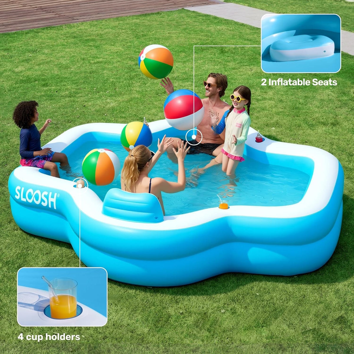 Inflatable Family Swimming Pool 120x101x26in 370 Gallon Bench Seat Cup Holders