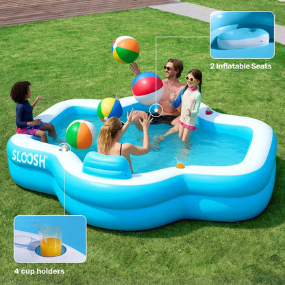 Inflatable Family Swimming Pool 120x101x26in 370 Gallon Bench Seat Cup Holders