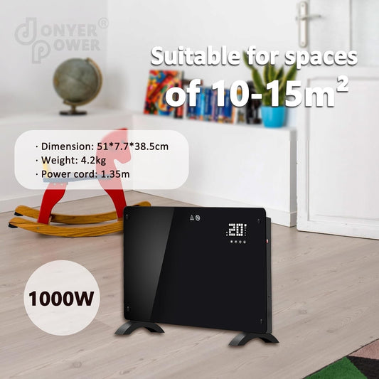DONYER POWER 1000W Small Convector Heater Ultra-thin Black Glass