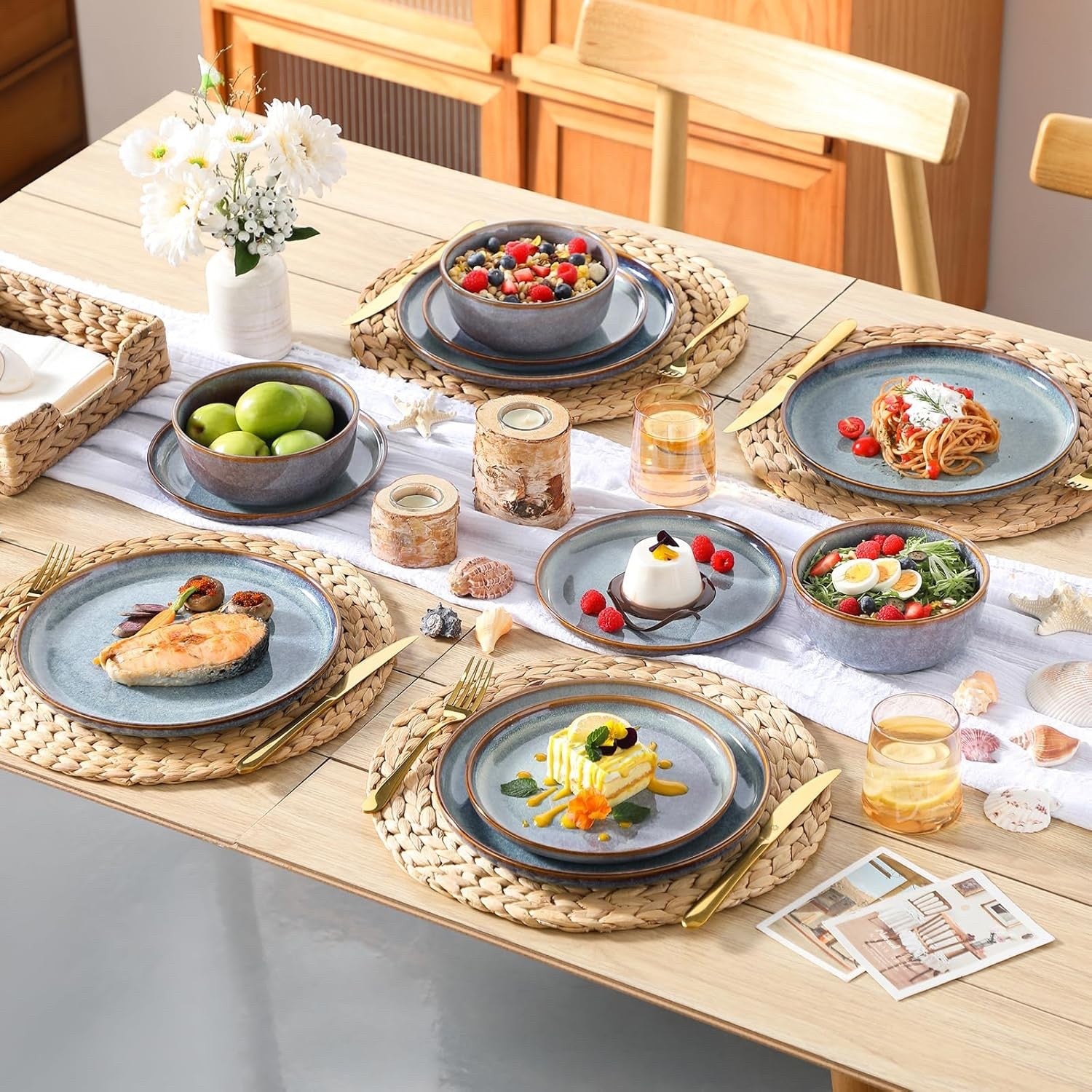 Dinner Plates Bowls Set 18 Piece Stoneware Service For 6 Lavender Blue Crockery