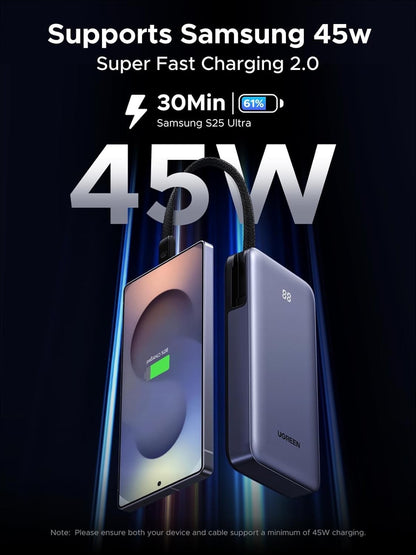 20000mAh Power Bank 45W Fast Charger Built-In USB-C Cable 3 Port Laptop Phone