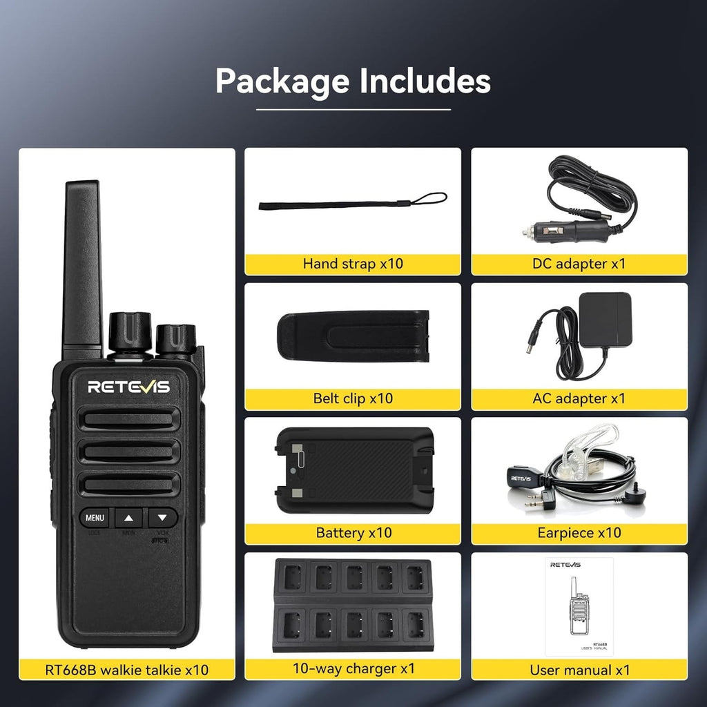 Retevis RT668 Walkie Talkies Rechargeable 10 Way Charger VOX – Black 10 Pcs