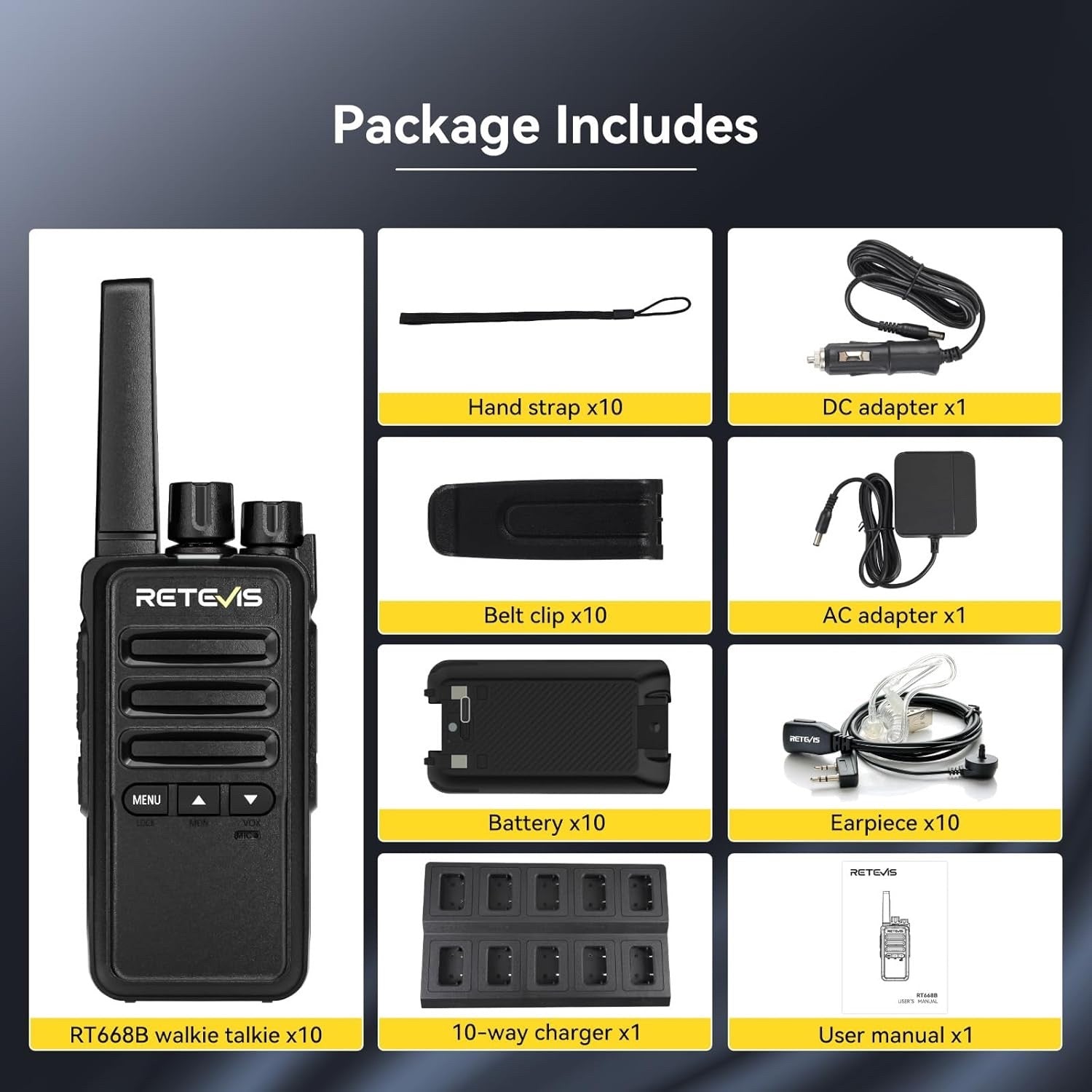 Retevis RT668 Walkie Talkies Rechargeable 10 Way Charger VOX – Black 10 Pcs