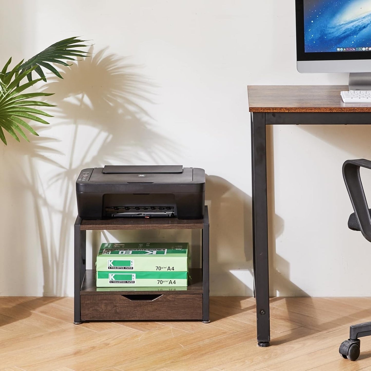 Printer Stand Desktop 2 Tier Storage Drawer Shelf Grey Wood Office Organizer