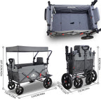 TMZ Folding Wagon Trolley 2 Seats Canopy Collapsible Garden Cart w/ Brake Grey