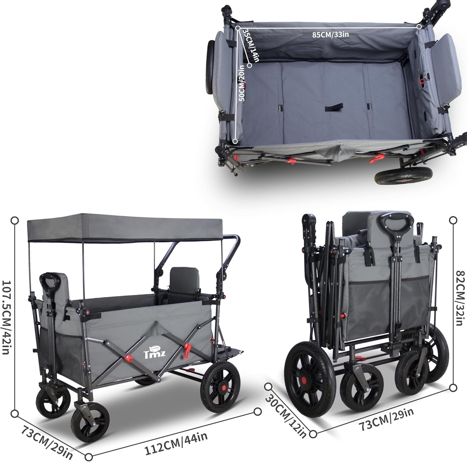 TMZ Folding Wagon Trolley 2 Seats Canopy Collapsible Garden Cart w/ Brake Grey