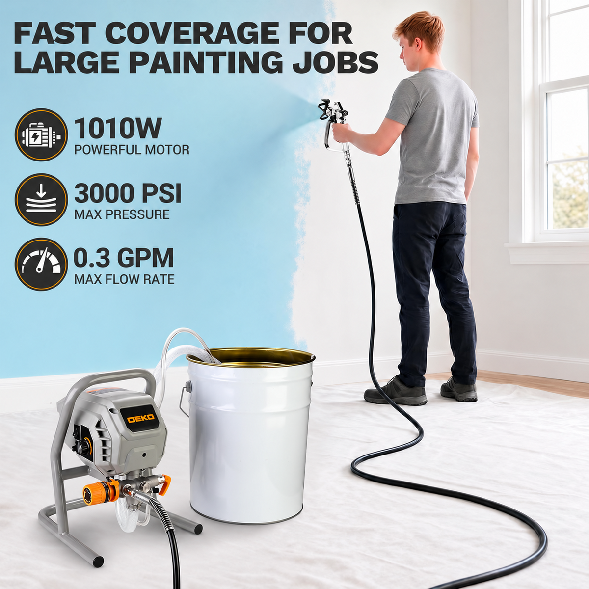 Airless Paint Sprayer Spray Gun 1010W 3000PSI 1.5L/min 7.5m Hose Stand 230V UK