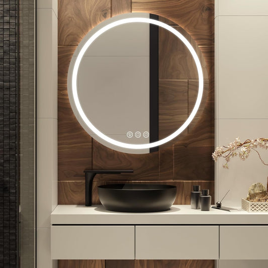 LED Bathroom Mirror 600mm Round Anti Fog Dimmable 3 Color Light Wall Mount