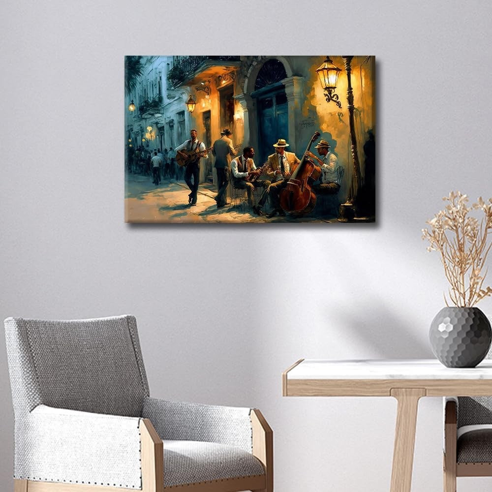 Framed Canvas Wall Art Jazz Band Havana Street Vintage Style Wall Decor