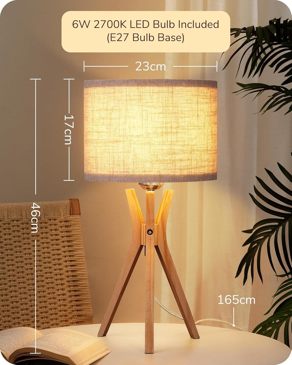 EDISHINE Modern Bedside Lamp, 46cm Tripod Table Lamp with Solid Wood Legs, Beige