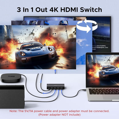 HDMI Switch 3 In 1 Out 4K 60Hz Remote Control HDR Dolby PS5 Xbox Selector Box