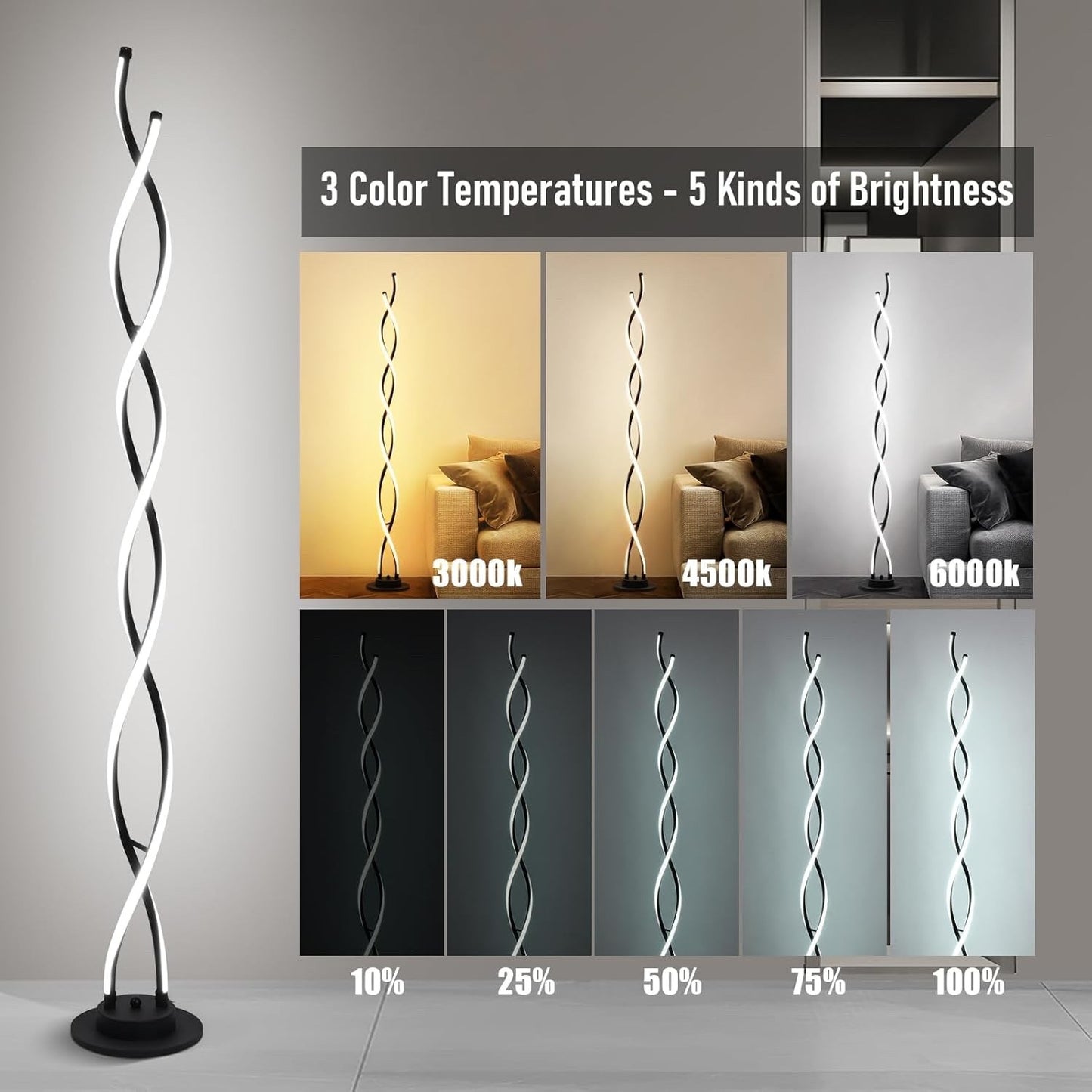 LED Floor Lamp 55in Black Standing Light 3 Color Temp 5 Levels Remote Control