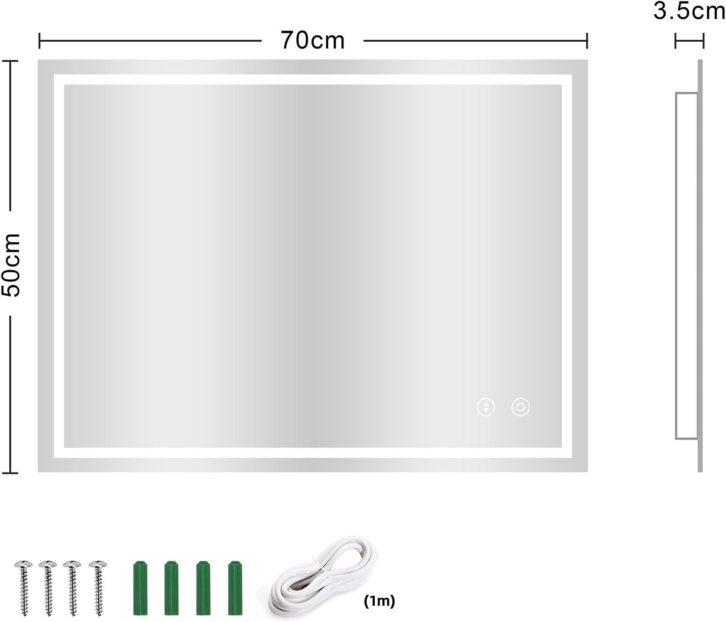 LED Bathroom Mirror 500x700mm Backlit Dimmable 3 Colour Demister Wall Mount