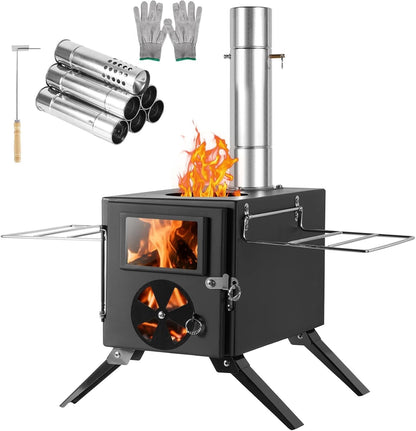 Wood Burning Stove Portable Tent Camping Mini Alloy Steel Chimney Cooking Black