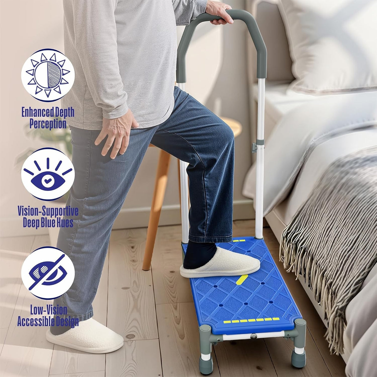 Step Stool Handrail Platform Adjustable Arms Non Slip 225kg Blue Bed Bathroom
