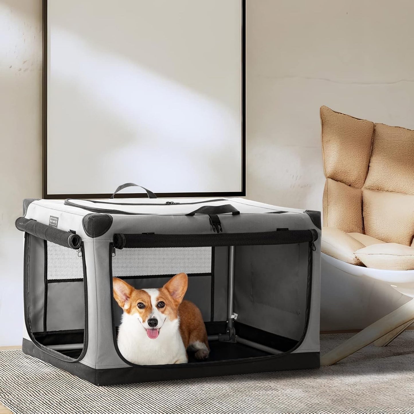 Dog Crate Foldable Travel Pet Cage Medium Soft 76x50x49cm 3 Door Grey Fabric
