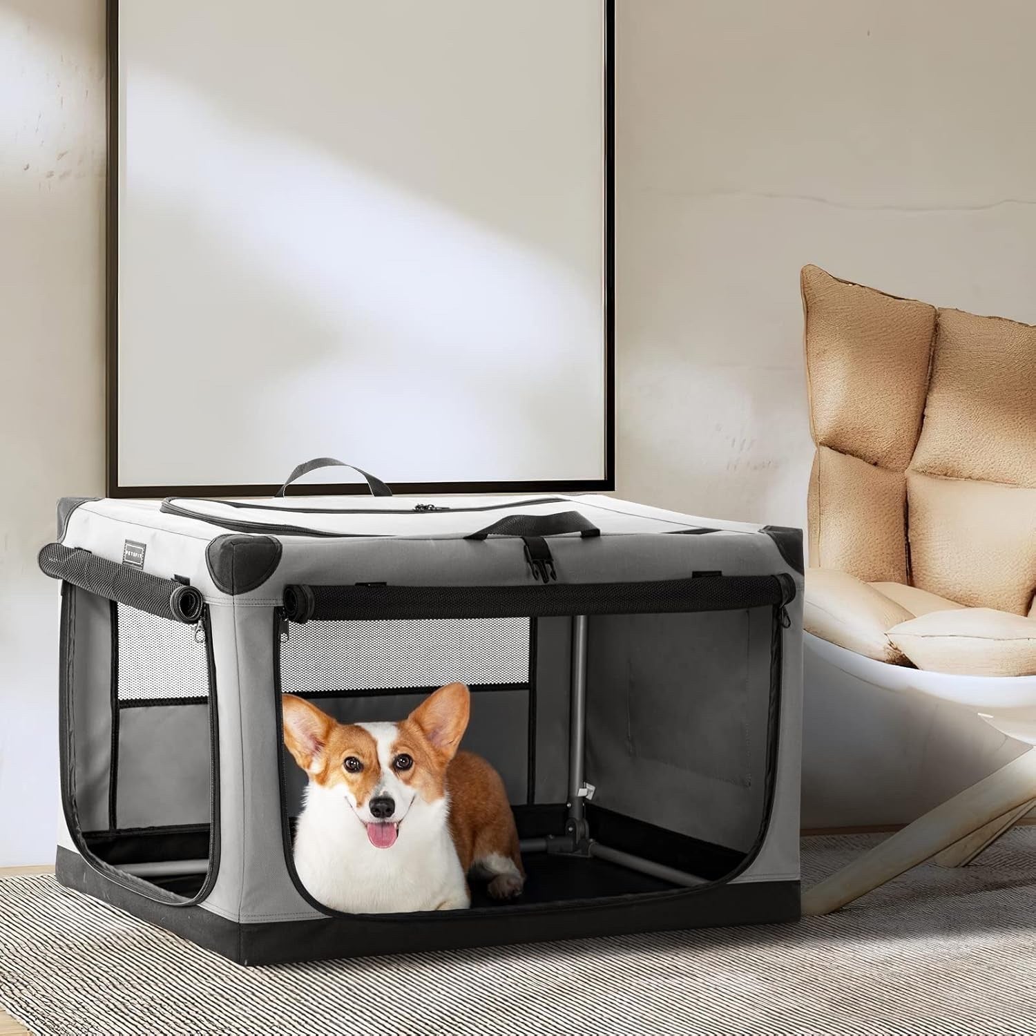 Dog Crate Foldable Travel Pet Cage Medium Soft 76x50x49cm 3 Door Grey Fabric