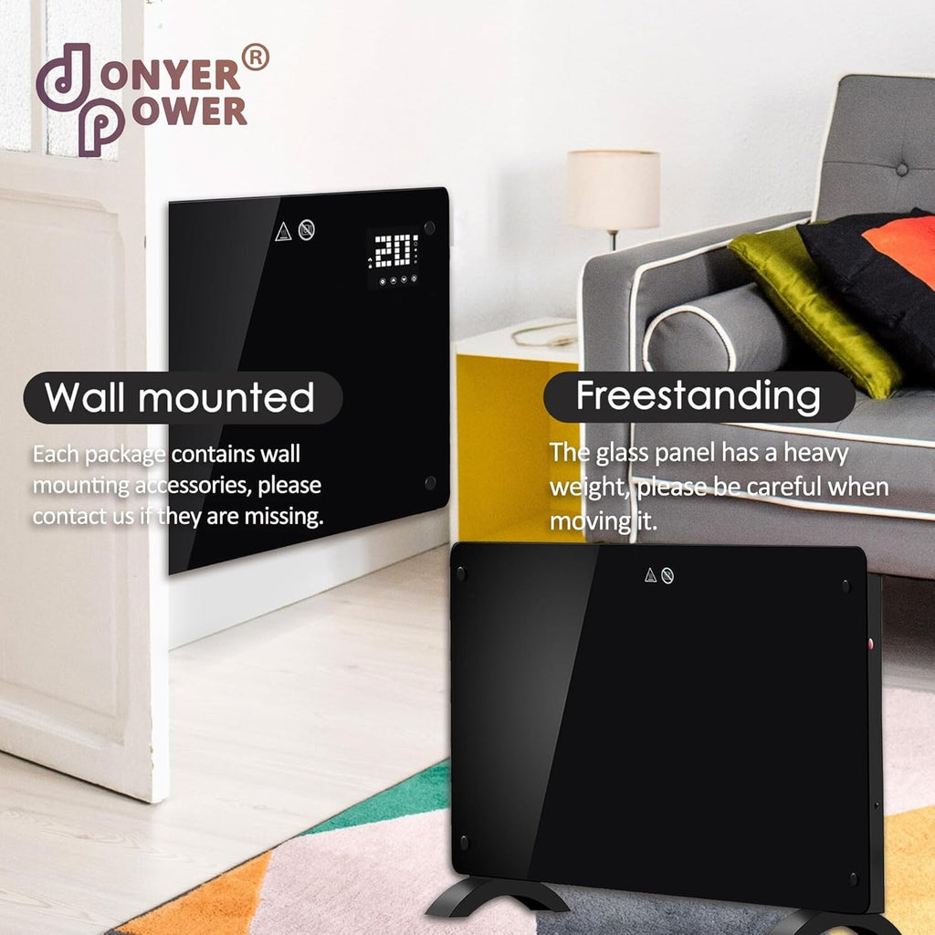 DONYER POWER 1000W Small Convector Heater Ultra-thin Black Glass