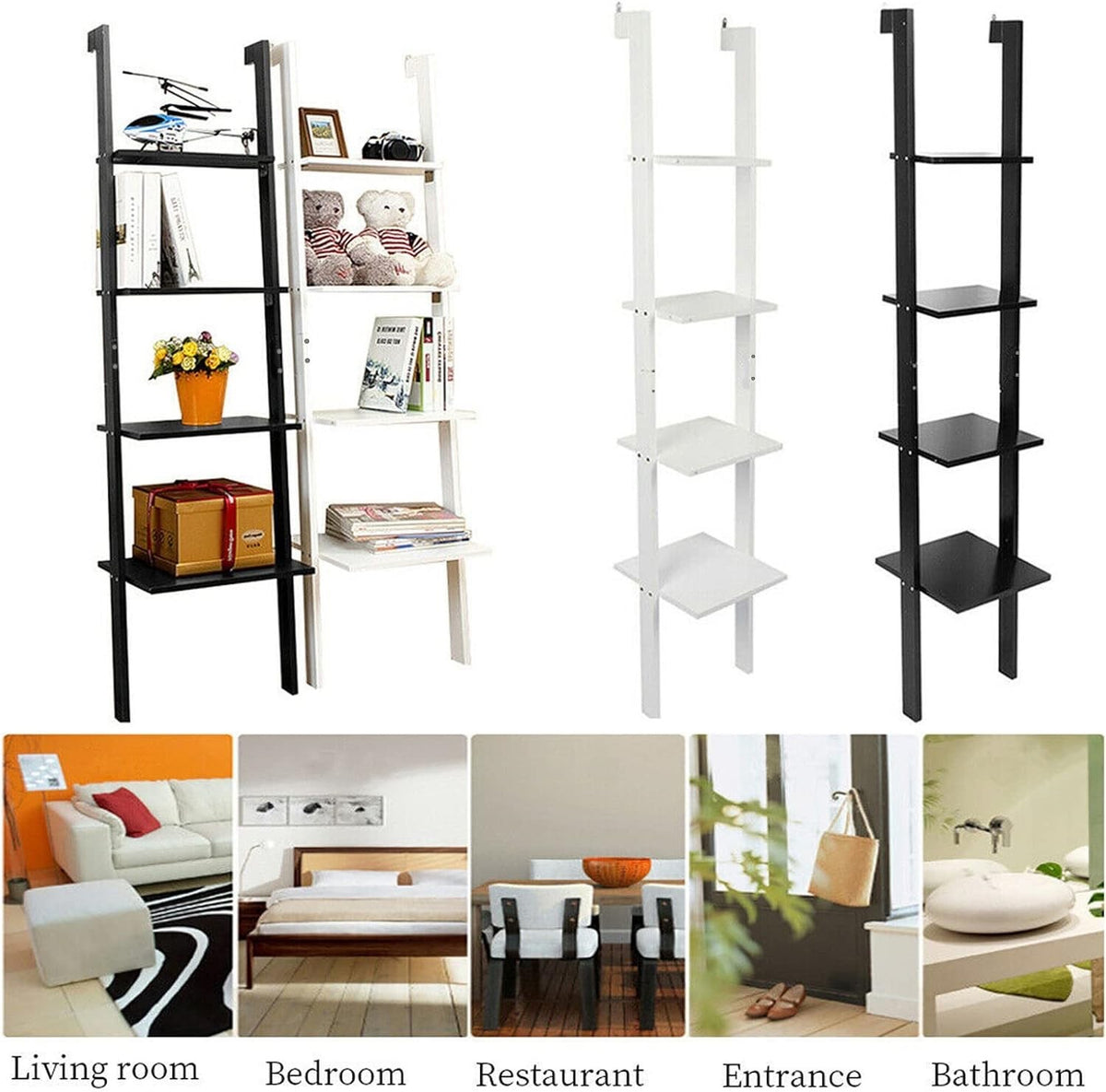 Ladder Shelf Bookcase Rack 4 Tier Tall Leaning Open Storage Black 160cm