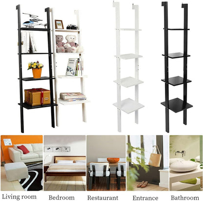 Ladder Shelf Bookcase Rack 4 Tier Tall Leaning Open Storage Black 160cm