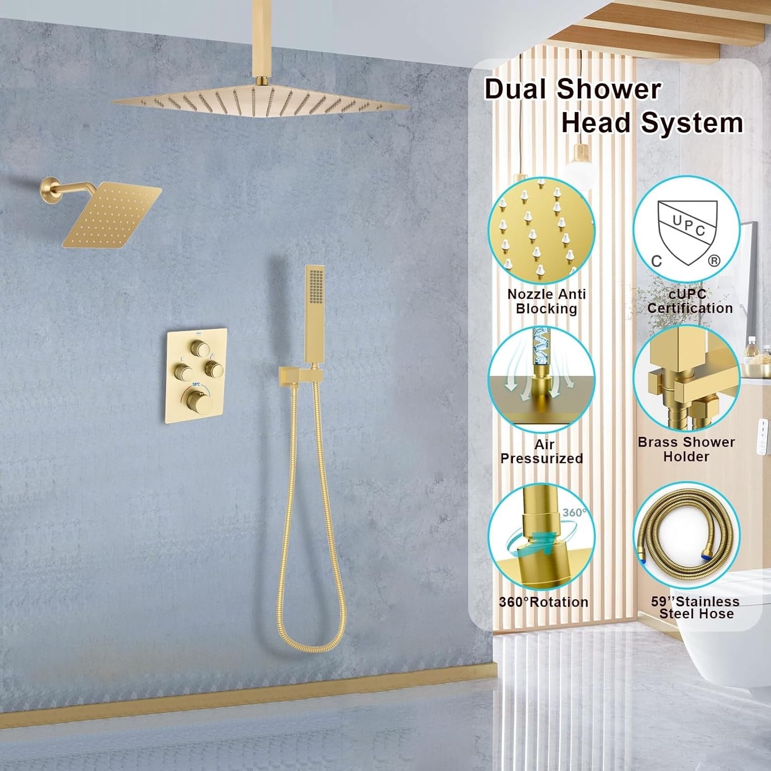 Concealed Rainfall Shower Thermostatic Mixer Valve System Simultaneous Operation
