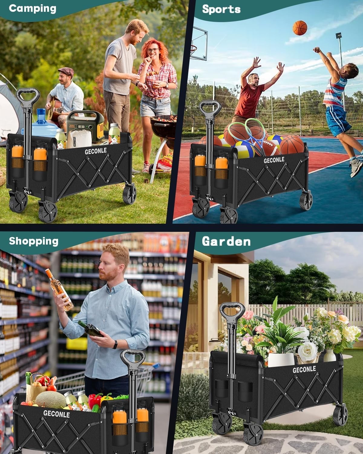 Folding Camping Trolley Cart 100L 100kg Collapsible Festival Wagon 4 Wheels Blac