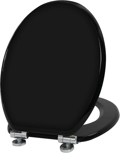 Toilet Seat Soft Close Black Wooden Oval Adjustable Hinges Quick Release 45x37cm