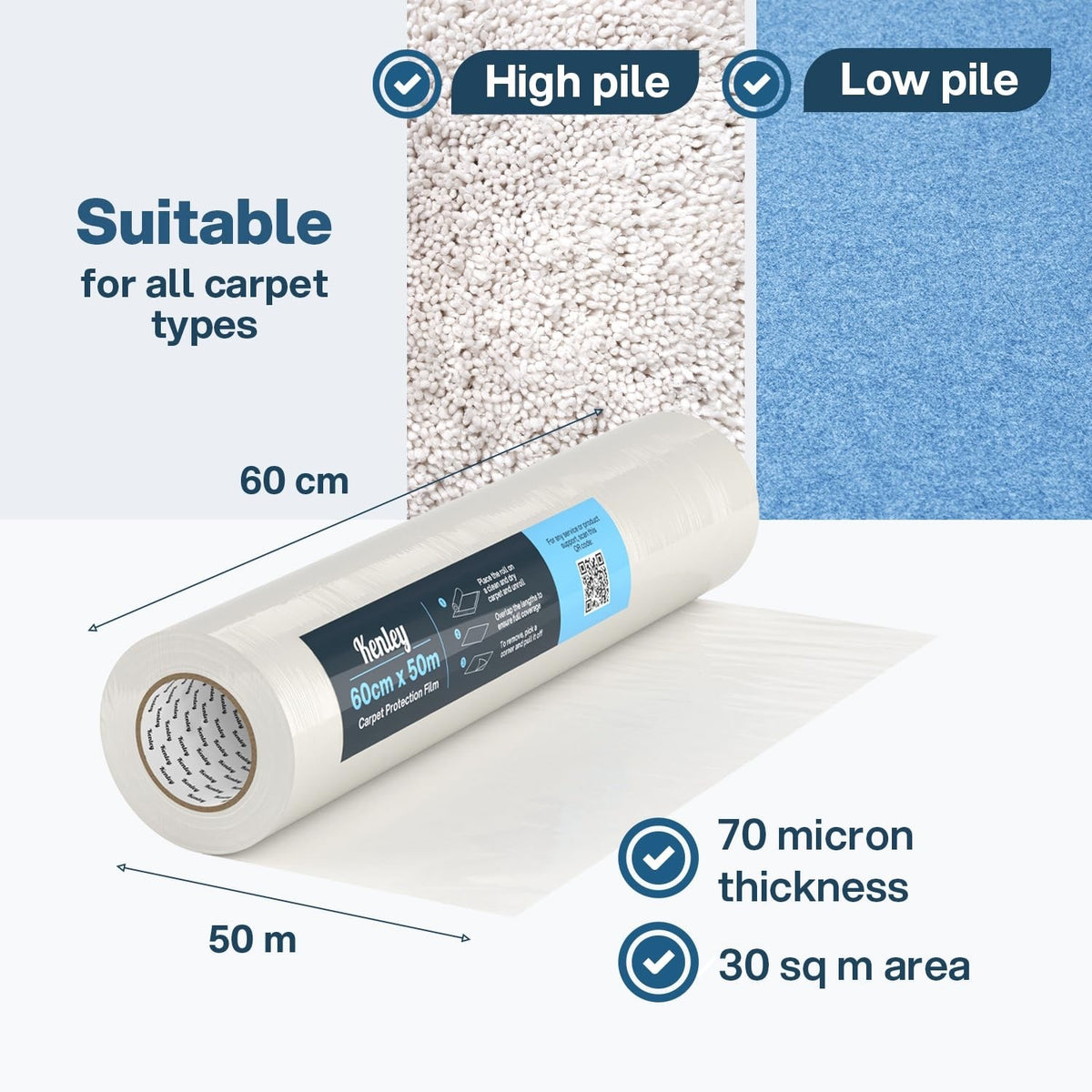 Carpet Protection Film Roll 60cm x 50m Self Adhesive Waterproof 70 Micron Clear