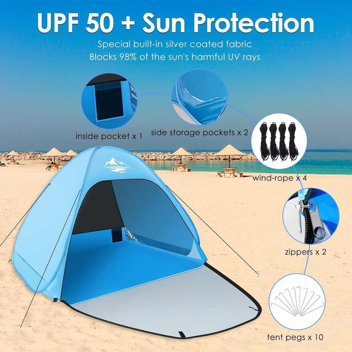 Pop Up Beach Tent Sun Shelter 2-3 Person UPF50+ Waterproof Blue Portable Shade