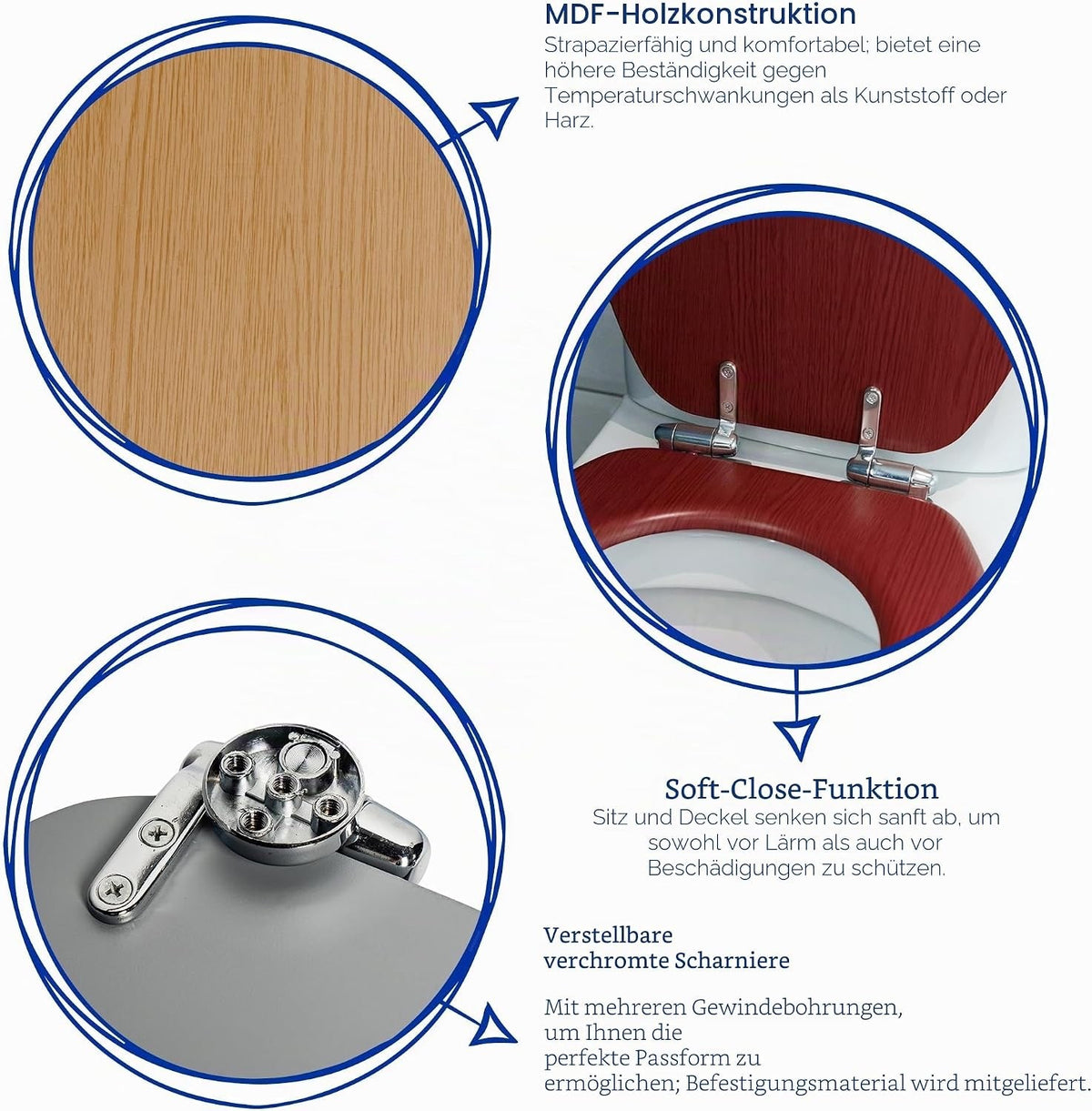 Soft Close Toilet Seat White Wooden MDF Oval 43.2x37.5cm Chrome Hinges