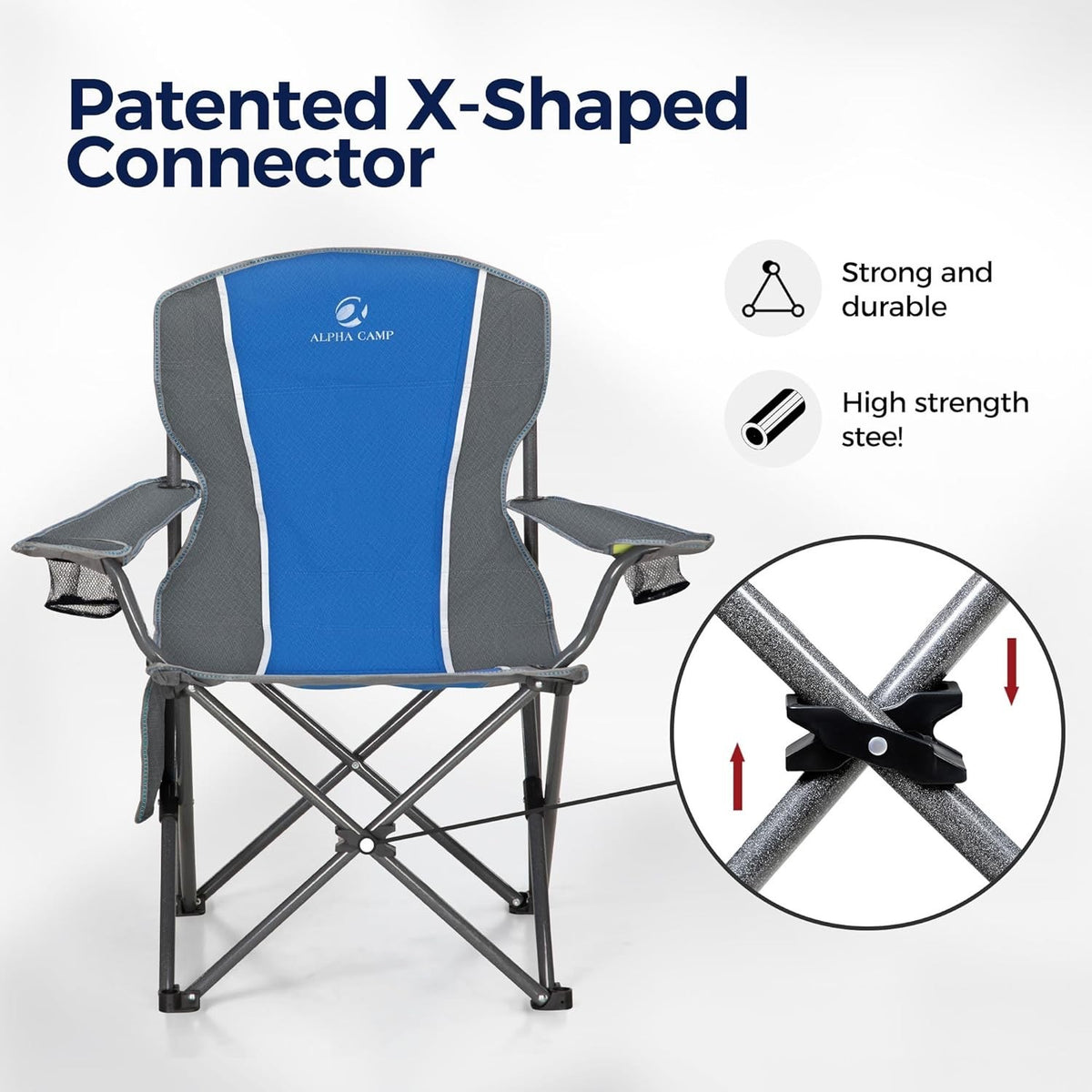 Folding Camping Chair Heavy Duty 160kg High Back Cup Holders Blue Carry Bag