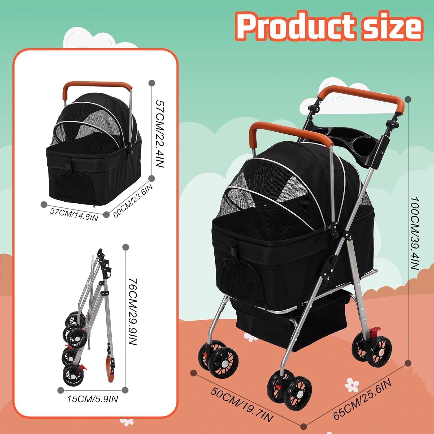Pet Stroller Foldable Dog Cat Pram 4 Wheel Carrier Detachable Basket Black