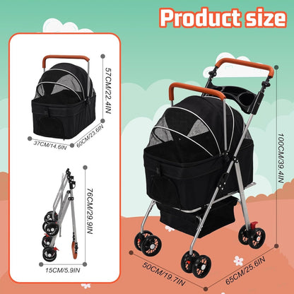 Pet Stroller Foldable Dog Cat Pram 4 Wheel Carrier Detachable Basket Black