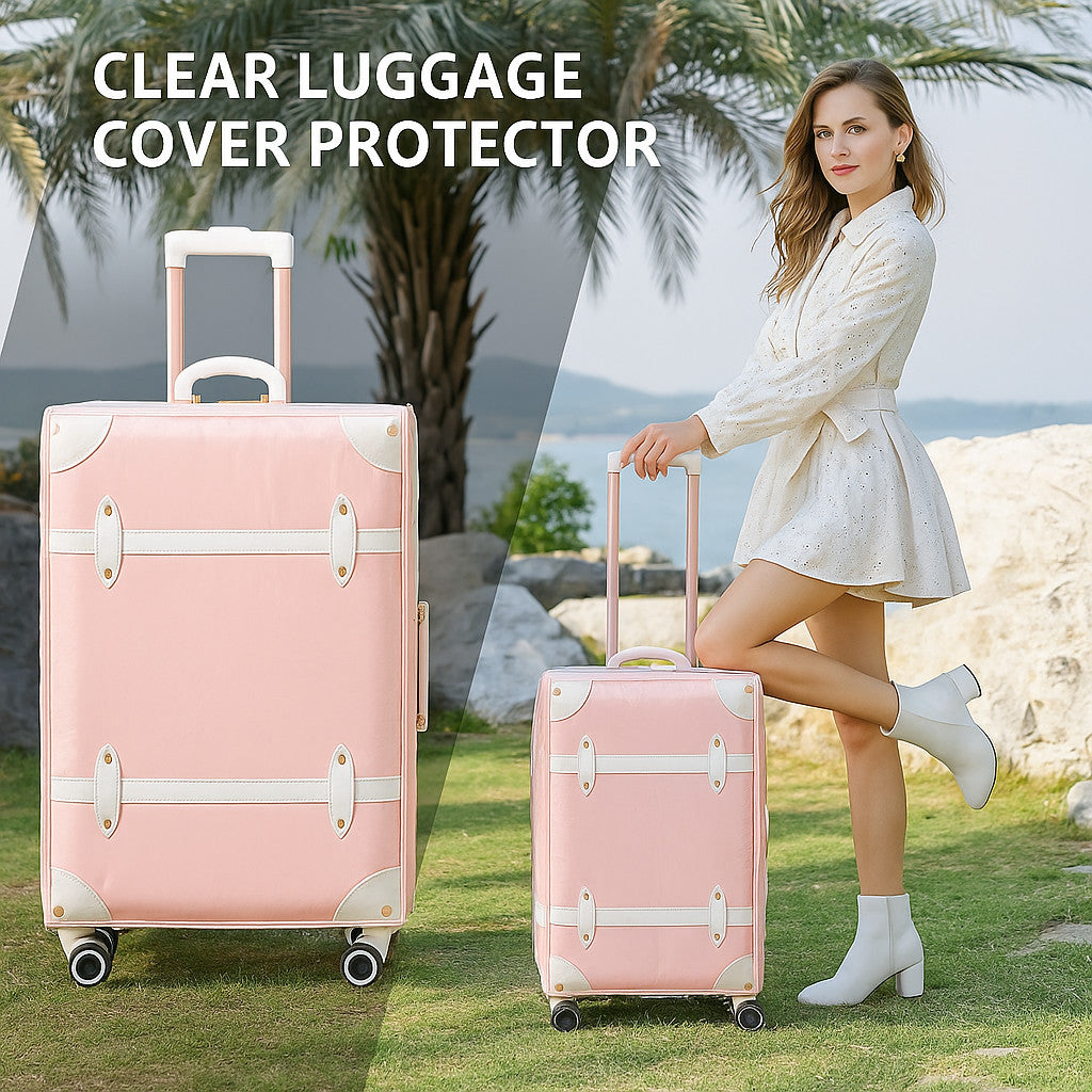 Urecity Vintage Leather-Trimmed Zipper Luggage 4 pcs 14" 20" 24" 28" Pink Roller